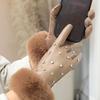 Plush Pu Leather Gloves Soft Women Warm Mittens Gift Rhinestone Winter Gloves  Girls