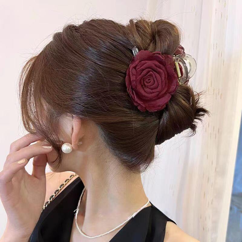 Mesh Flower Hair Clip for Woman Elegant Temperament Shark Clip Girl Ponytail Hair Clamp