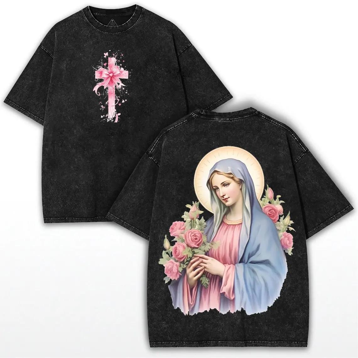 

Jesus TShirt Christian Cross Print Vintage Washed Cotton Retro Bible Verse Graphic Tee Streetwear Harajuku Unisex Top S