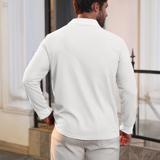 Men Waffle Golf Shirt Long Sleeve Turndown Collar Shirt Quarter Button Neck Casual Shirt for Vacation Office Party Date