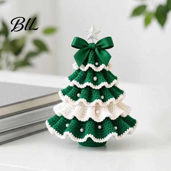 Decorative Yarn Tree for Bookshelves DIY Crochet Christmas Kit, Beginner-Friendly Xmas Craft Kit with Bow Table Ornament And Faux Pearl Embellishment,