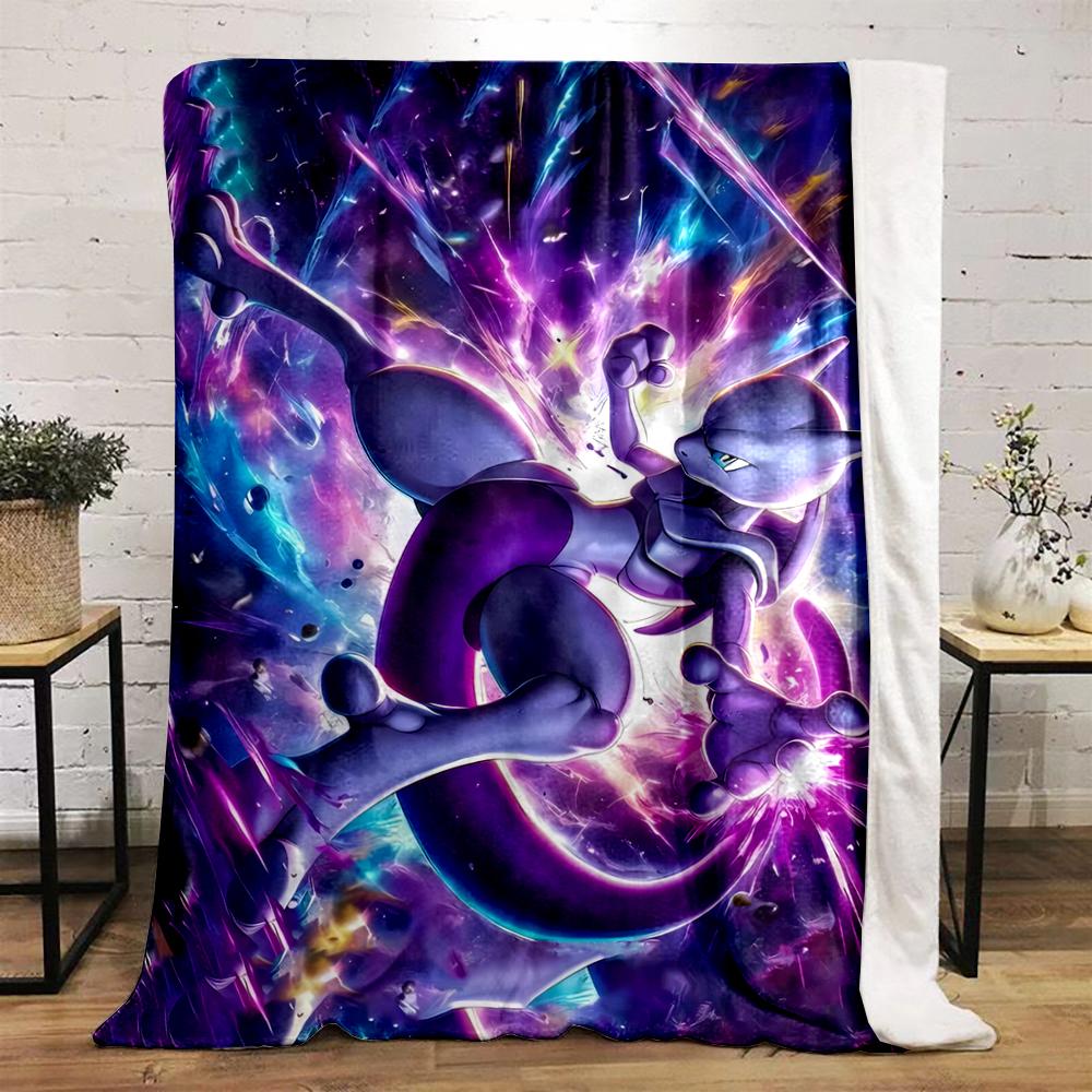 Mewtwo Purple Energy Cosmic Clash Battle Art Blanket Throw, Psychic Pokemon Storm Style Design, Cozy Fan Bedding and All Seasons Gift