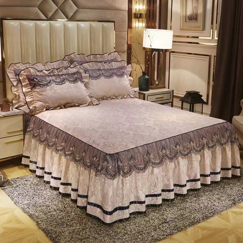 1pc Bed Skirt + 2pcs Pillowcase, Luxury Embossing Velvet Bedspread King Queen Size Romance Embroidery Lace Short Plush Bed Skirt