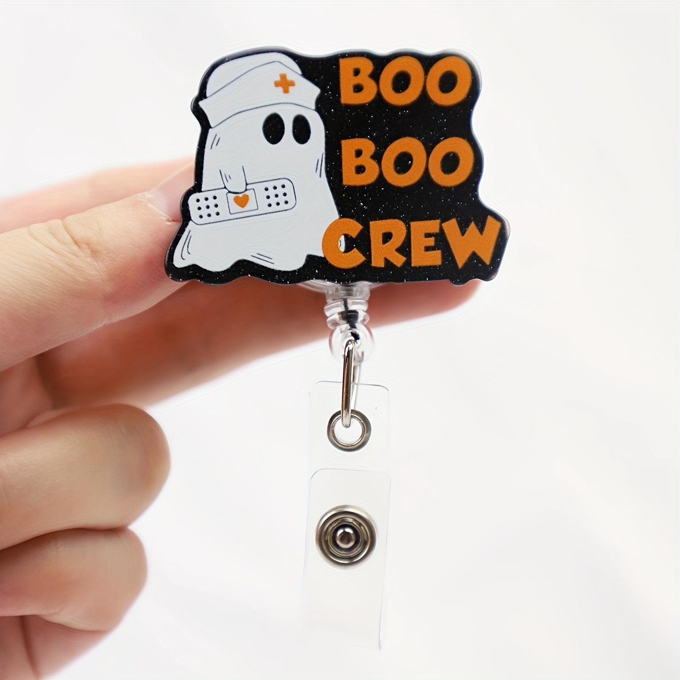 Halloween Boo Boo Crew Ghost Badge Reel, Acrylic Retractable ID Badge Holder with Swivel Clip for Nurses and Medical Staff, English Text
