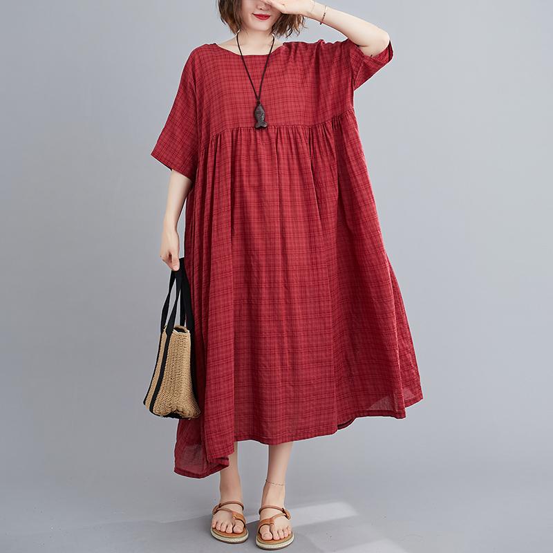 Robe d'été longue et décontractée en coton à manches courtes et à carreaux vintage pour femme, grande taille