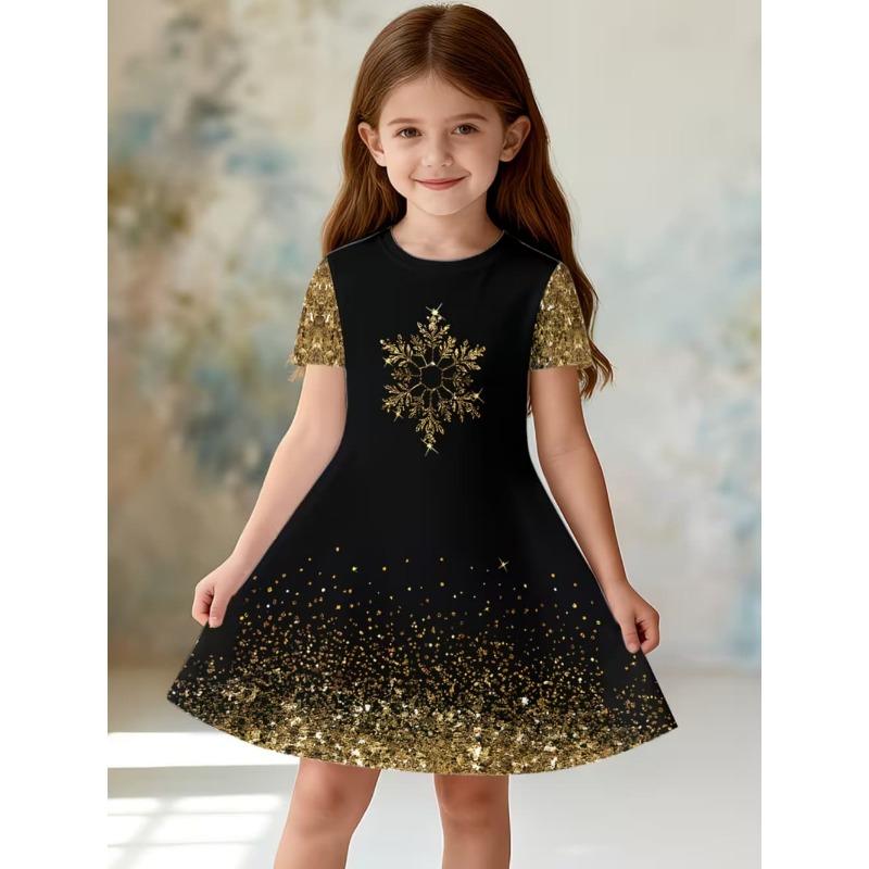 Girls Dresses Vintage Sequin Print Summer Short Sleeve Dress Children's Birthday Gift Toddler Costume Elegant Frocks