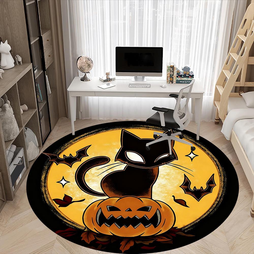 1PC Halloween Cat Office Round Area Rug, Mat Suitable ForOffice, Under Office Chairs Bedroom Living Room Home Decor, Room Deco