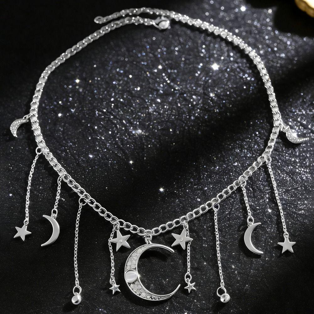 Rhinestone Crystal Moon Star Necklace Exquisite Tassel Design Rhinestone Necklace For Women