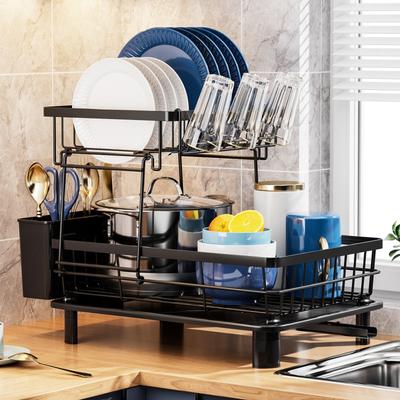1PC Dish Drying Rack 2 Tier Large Dish Drainer Rack for Kitchen Counter, Rustproof Space Saving, Black
