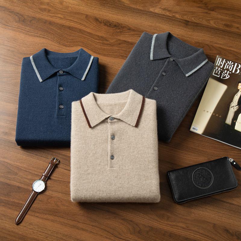 Herren 100% Kaschmir Langarm Colorblock Polo Pullover