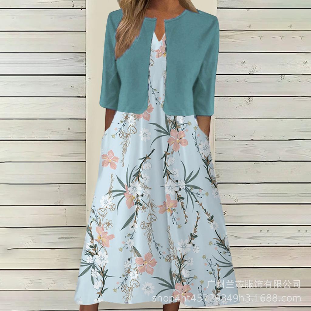 High Quality Women Summer Floral Print Two Piece Dress Set Short Sleeve Outfits