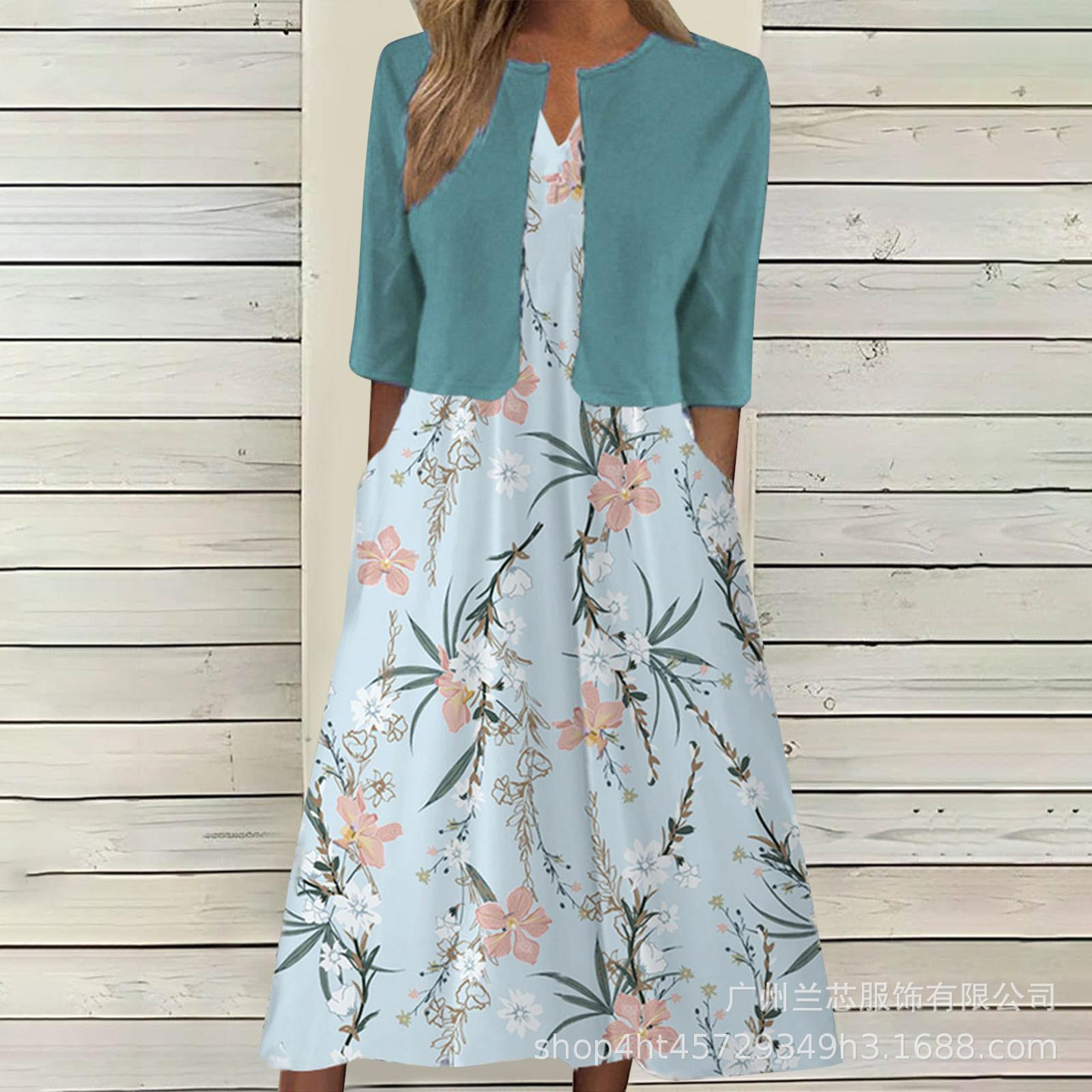 

V-Neck Leaf Print Midi Dress with Pockets XXL
