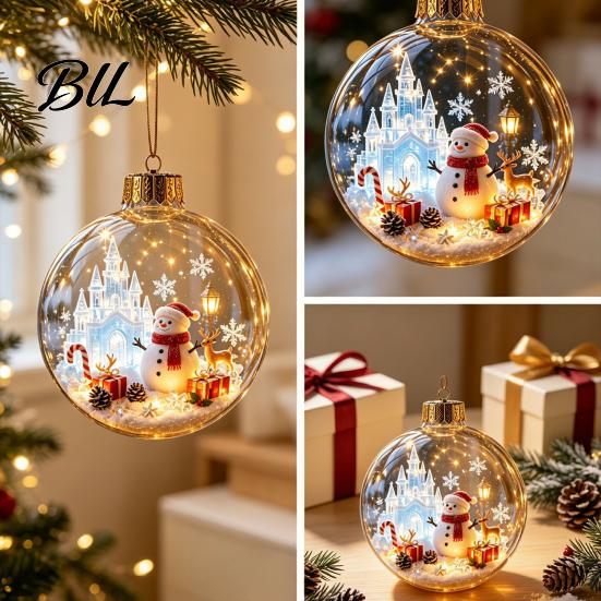 Acrylic Christmas Balls Glowing Ball Ornaments, Light-Up with Mini Holiday Scene, Clear LED Winter Scene Ornaments Tree Hanging Decor Warm Light
