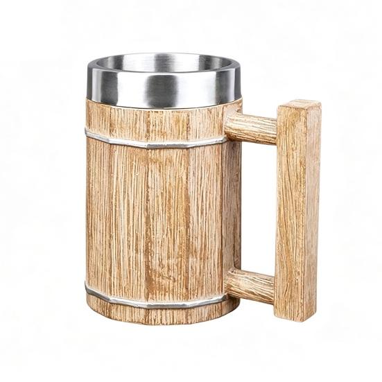 Wood Barrel Beer Mug, 600ml Stainless Steel Liner Stein, Rustic Tankard for Pub Home Bar Pub Party Gift