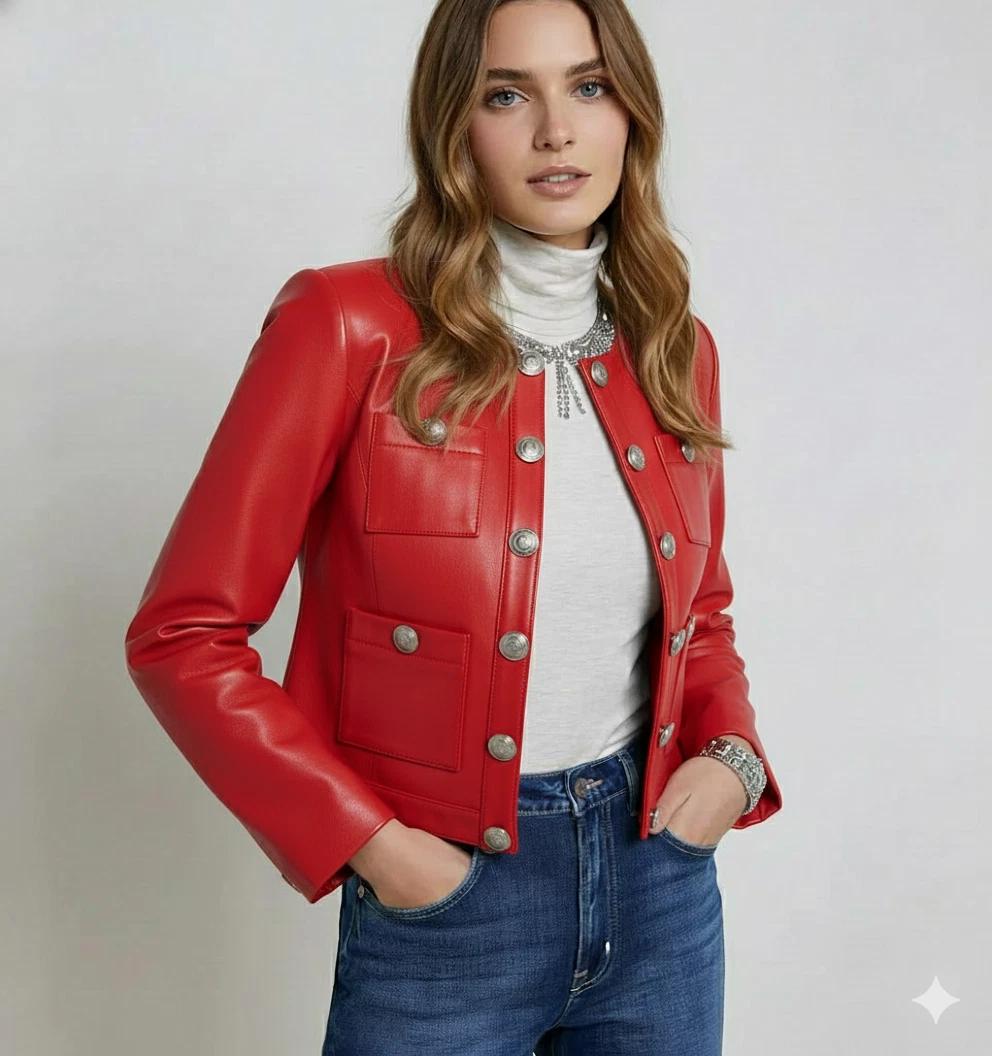 

Lambskin Leather Jacket Handmade Women Genuine Trucker Stylish White Soft Casual 3XL красный