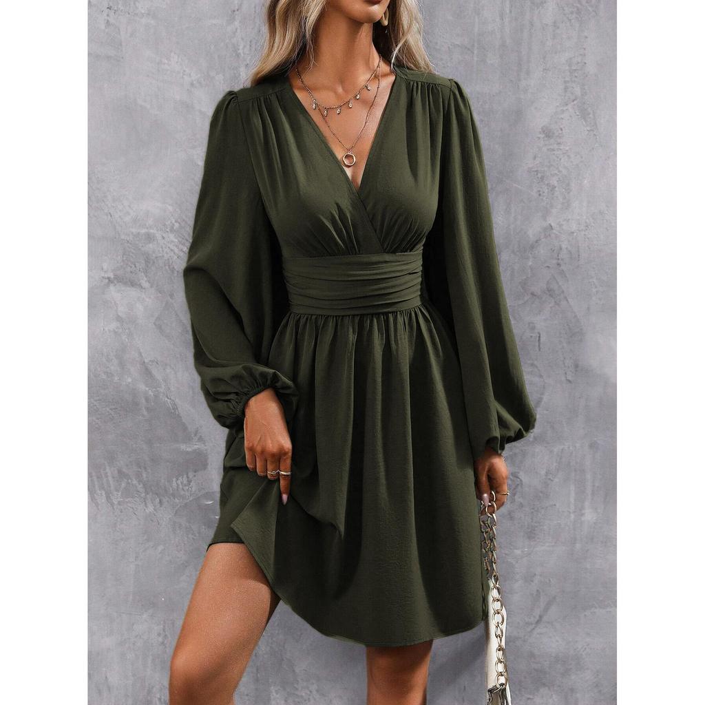 Abiti Abbigliamento Donna Scollo a V Manica a Lanterna Wrap Mini Abito Vita Arricciata Orlo Svasato Elegante per Stili Autunnali e da Festa