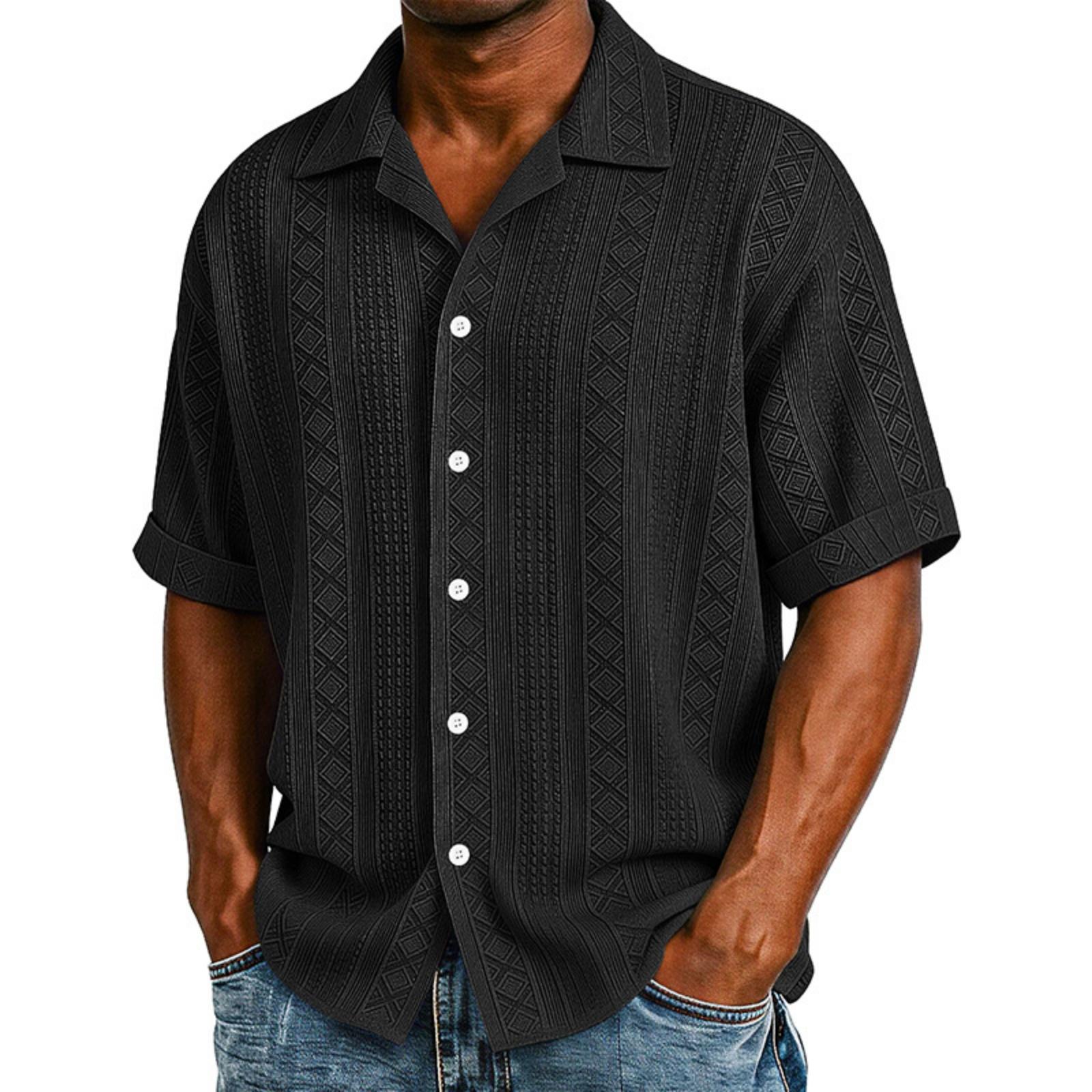 

Men s Casual Stylish Textured Short-sleeved Shirt - Men s Loose-fitting Casual Lightweight Breathable Beach And Vacation Top L чёрный