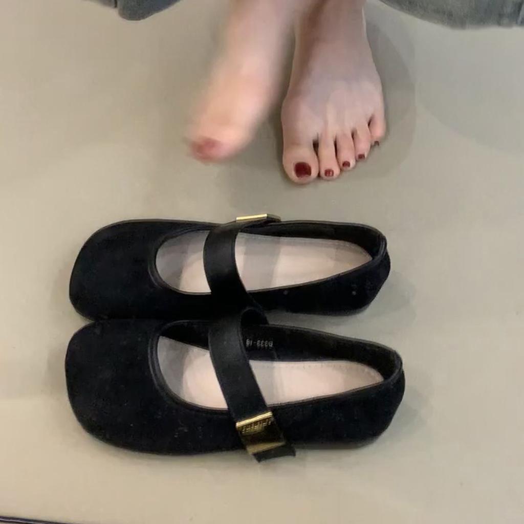 Spot Version~ Retro Round Head Metal Buckle Mary Jane Women's Shoes Suede Temperament Single Shoes Shallow Mouth Flat Ballet Shoes