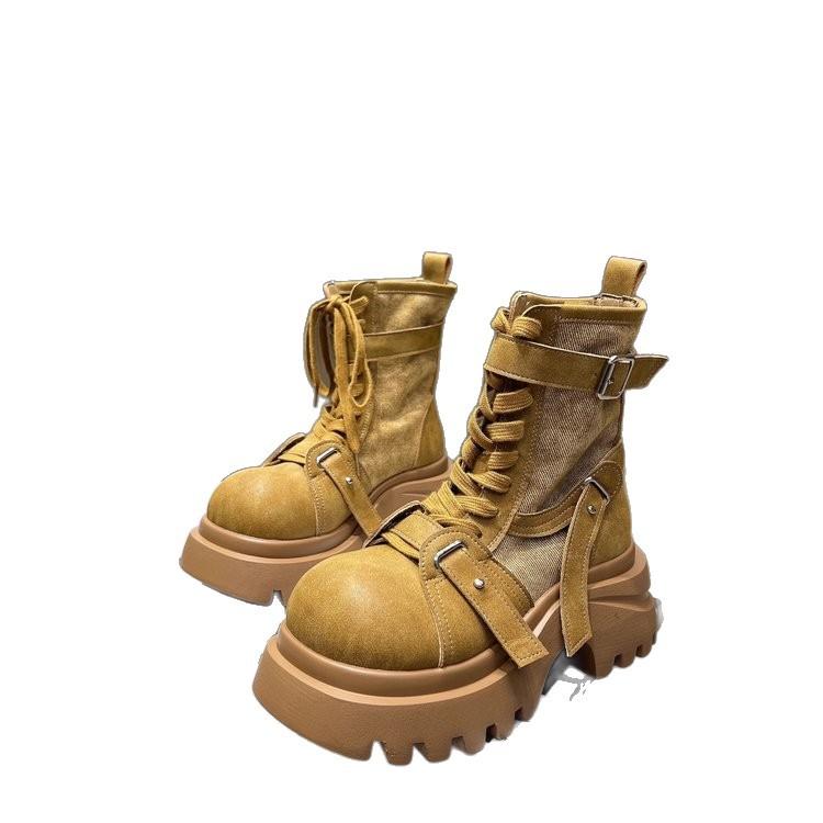 Martin boots women's 2025 new versatile splicing cloth thick-soled muffin strap casual locomotive boots small short boots