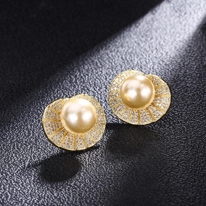 Jewelry Inlaid With Gold Beads, Light Gold Stud Earrings, Shell-Shaped Women'S Jewelry Beads 12Mm