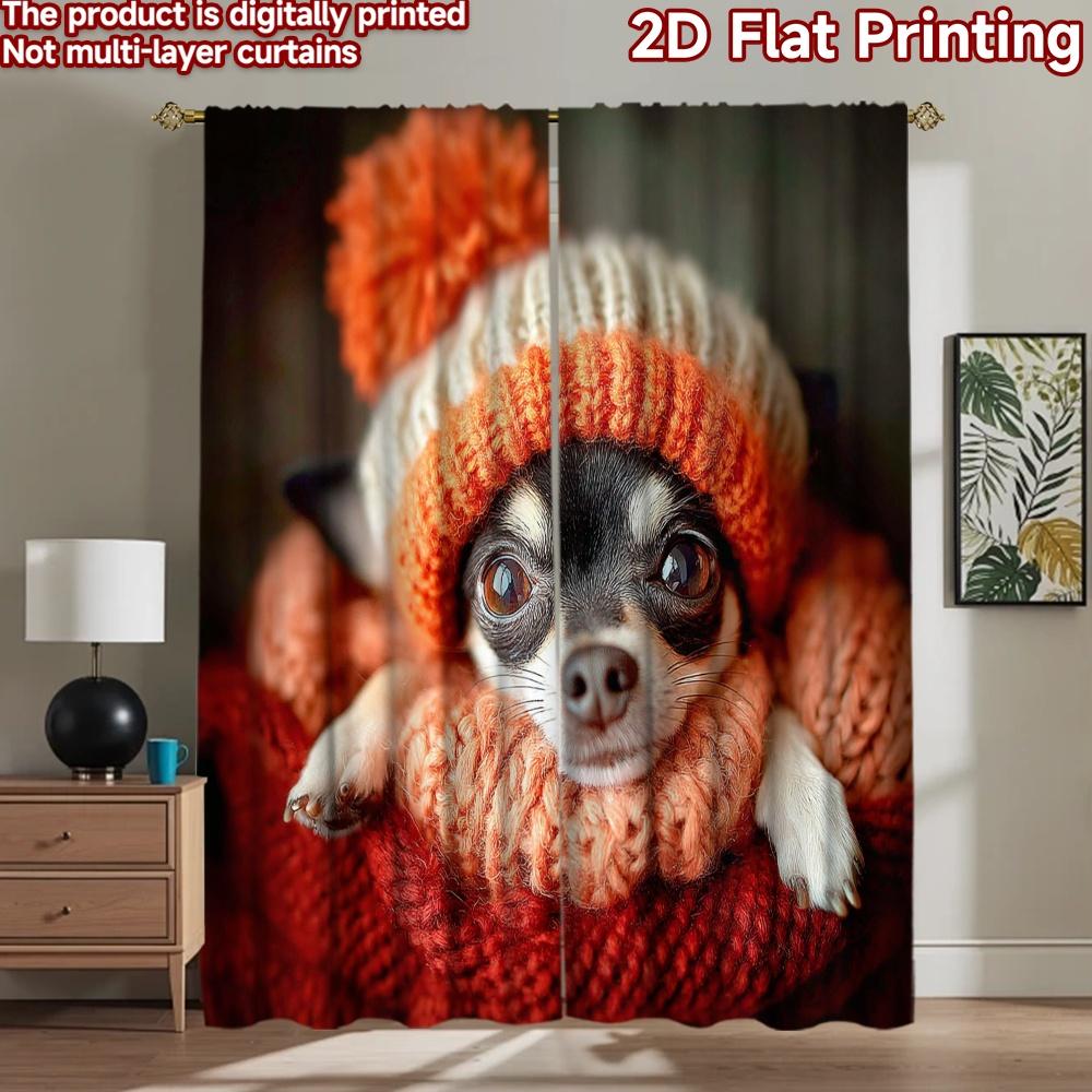 2D Flat Printing 2pcs Window Curtains Chihuahua Dogs Winter Warm Digital Printed Polyester Drapes Family Party Decoration Use