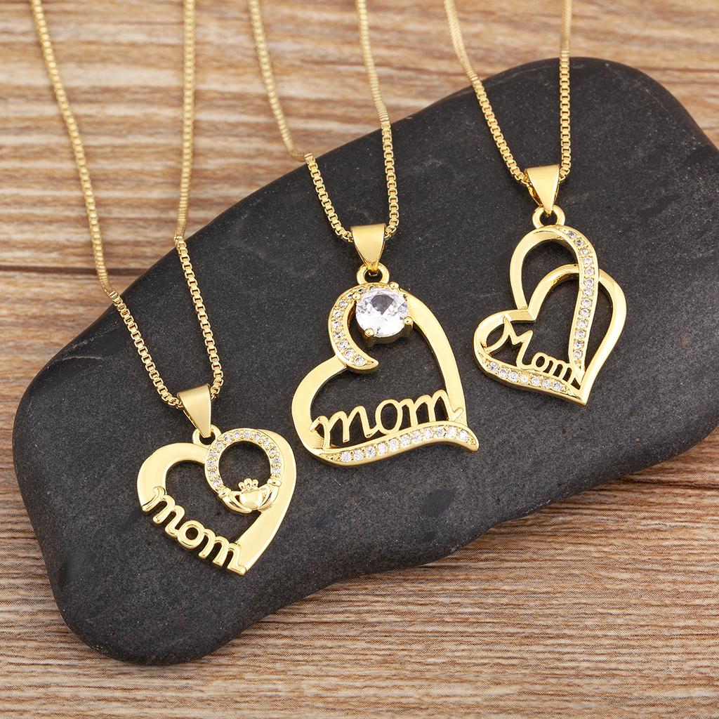 Nidin Hot Sale Heart Shape Mom Letter Charm Pendant Necklace 5 Styles For Women Female Shine Zircon Jewelry Mother's Day Gifts