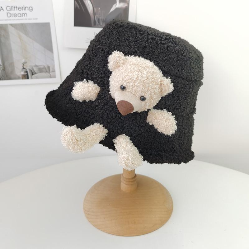 Cute Plush Bear Doll Fisherman Hat Women Autumn and Winter Korean Version Warm Lamb Fur Pot Hat Japanese Bucket Hat