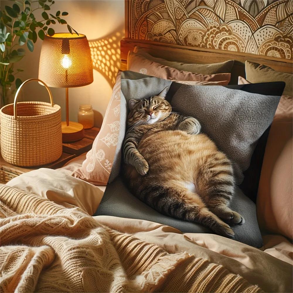 Helenal Unisex Orange Vikama Lazy Fat Cat Pillowcase 3D Realistic Sleeping Cat Cushion Cover Cozy Bedroom Sofa Decor Pillow Cover
