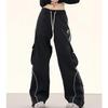 Women's Retro Color Block Hip Hop Cargo Sweatpants - Loose Wide-Leg Floor-Length