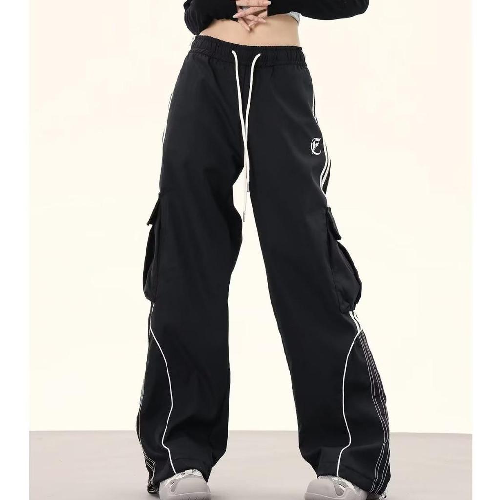 Women's Retro Color Block Hip Hop Cargo Sweatpants - Loose Wide-Leg Floor-Length