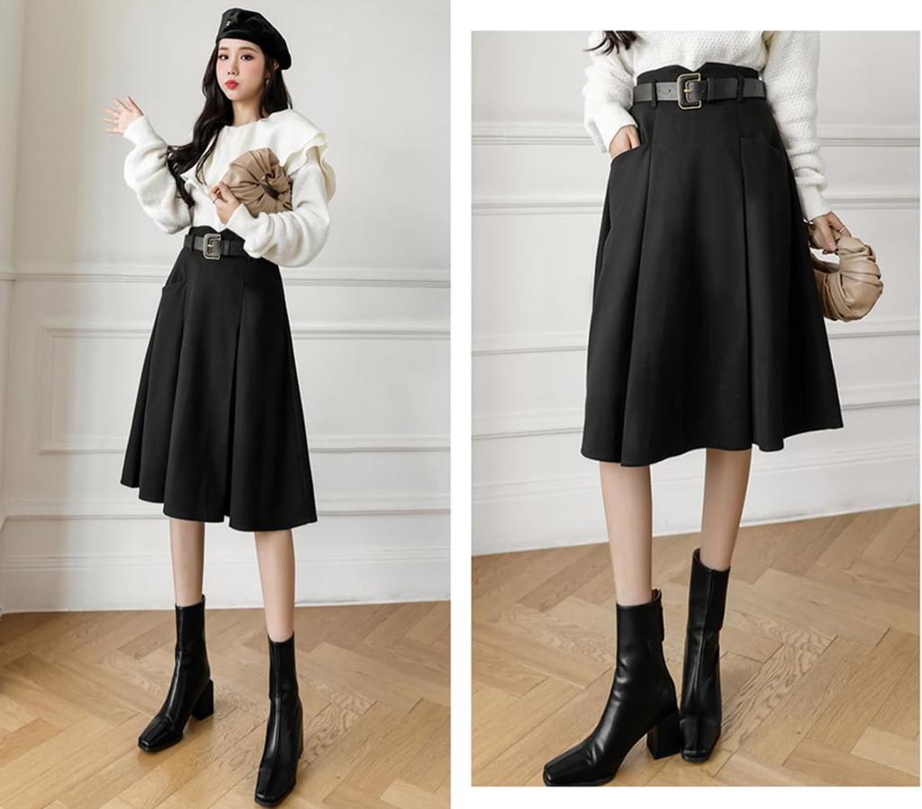 NEZIH and Pleated Skirt with Solid Flared Stylish Women's Knee-Length Skirt, Spring, Autumn, Winter, High-Waisted, A-Line, Belted, Pockets, Elegant,