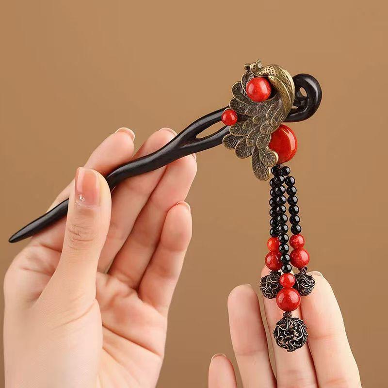 GEMCHIC Women s Vintage Chinese Phoenix Hair Stick with Tassel, Ebony Wood Hanfu Hairpin Ornament for Cheongsam