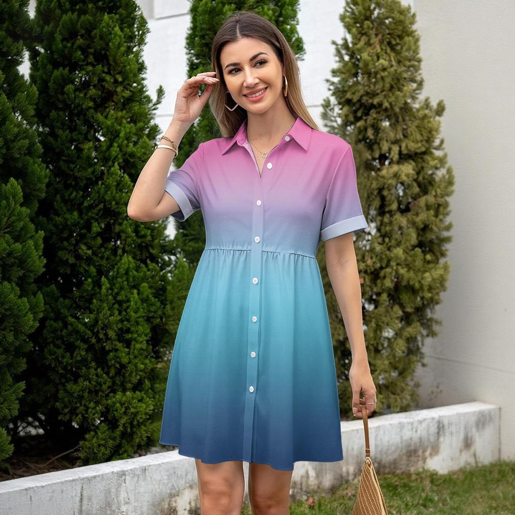 Women’s Casual Loose Shirt Dress Button Front Stand Collar Short Sleeve Gradient Print Relaxed Fit Tunic Dress for Daily Wear