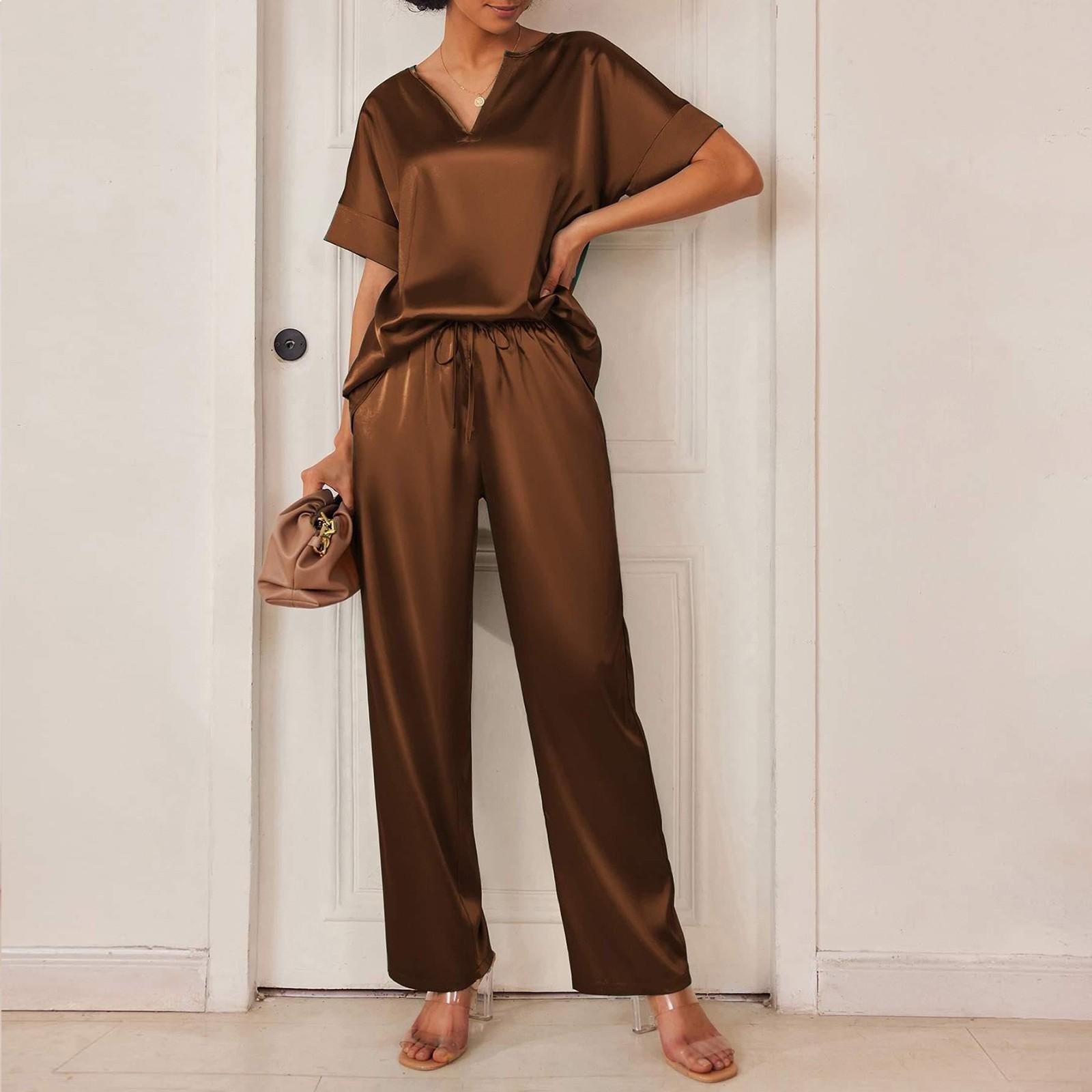

Женская шелковая рубашка с коротким рукавом и V-образным вырезом, длинные брюки, мягкий комплект домашней одежды M коричневый