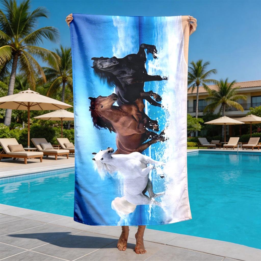 Scene of Three Racing Horses Polyester Microfiber Beach Towel Is Highly Absorbent, Suitable for Swimming and Beach Outings