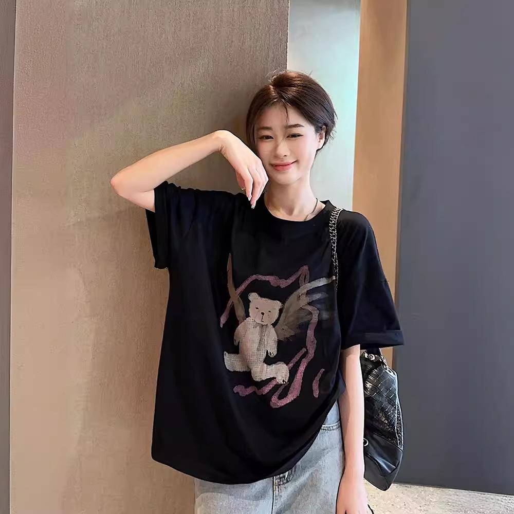 Korean Cute Bear Print Short-sleeved T-shirt Women's Summer 2025 New Design Sense Casual Loose Black Top