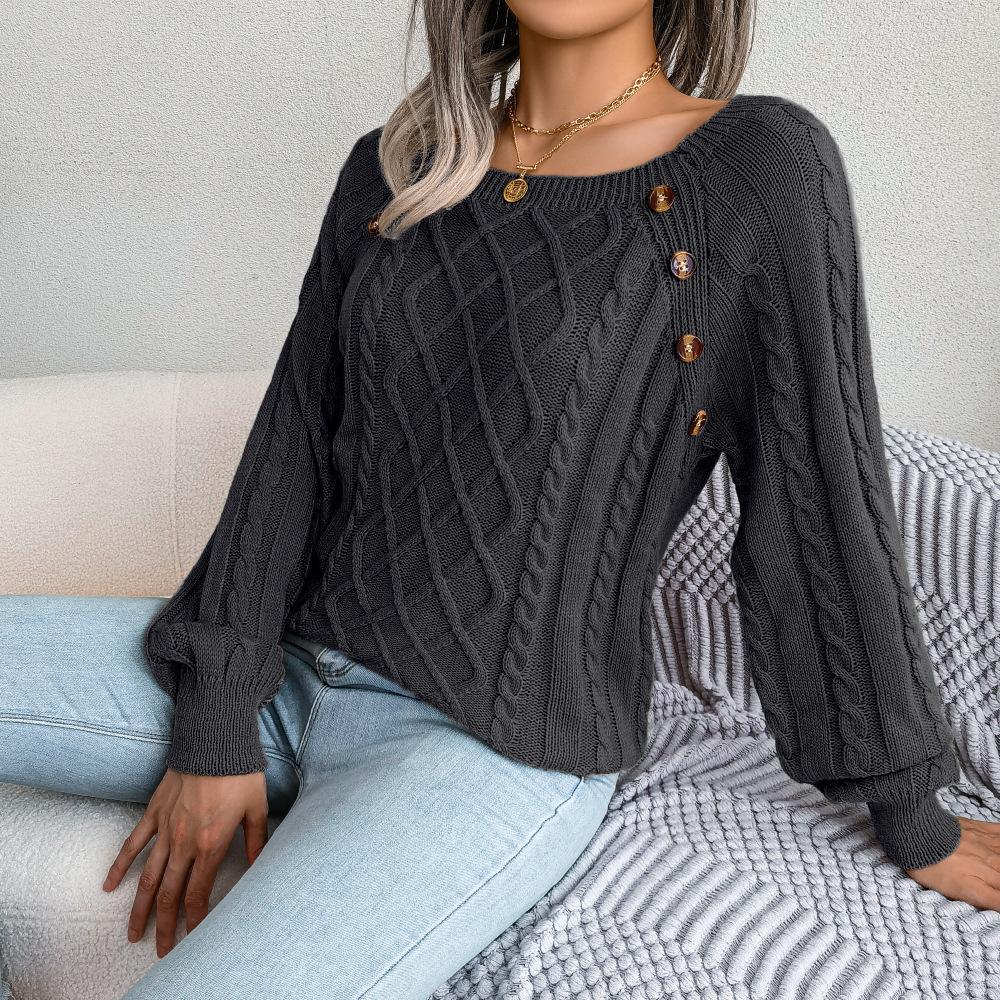 Women's Autumn and Winter Casual Square Collar Nail Buckle Twist Knitted Jumper