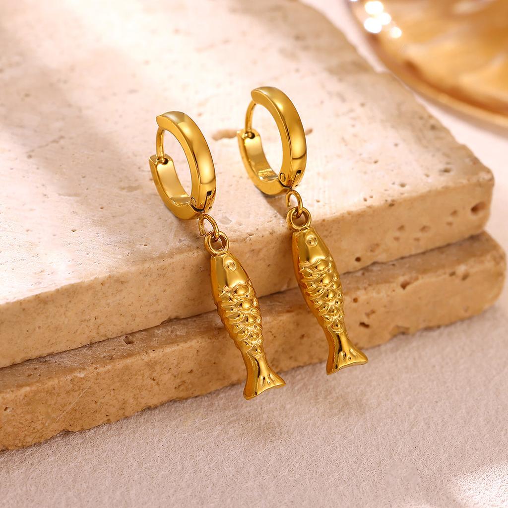 Waterproof Stainless Steel Koi Fish Scale Drop Huggie Hoop Earrings For Women Lucky Gold Color Animal Dangle Ear Elegant Jewelry