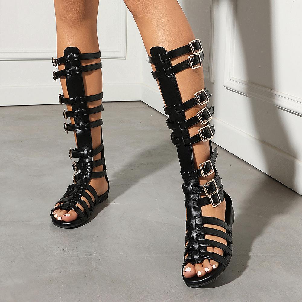 

Calf High Women Gladiator Sandals Flat Heel Lady Party Shoes Large Small Plus Size 30 48 35 чёрный