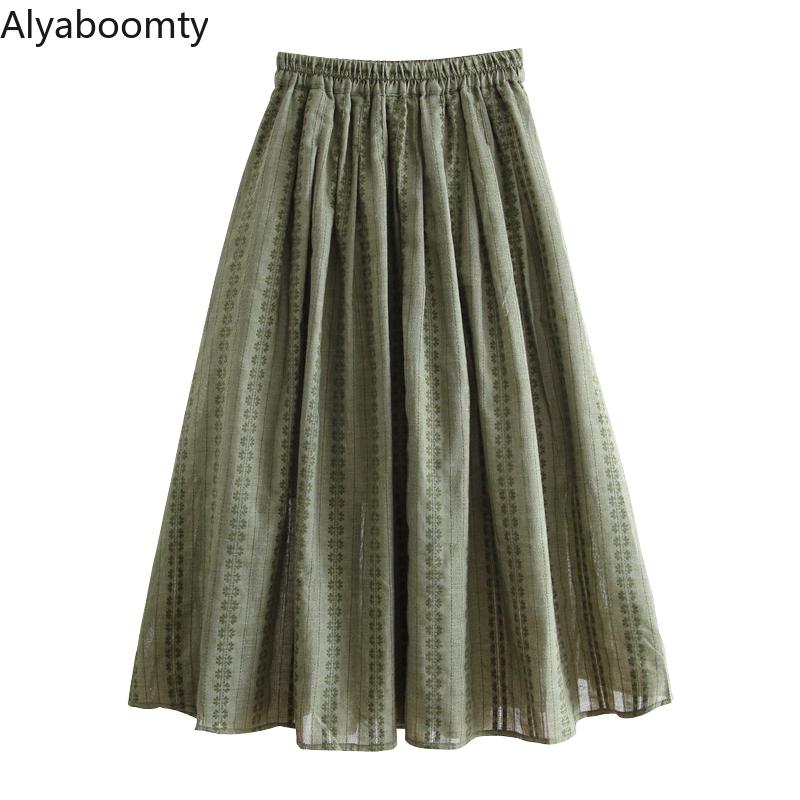 Mori Girl Spring Summer Women Cotton Linen Skirt High Waist Green Floral Printed Vintage Skirt All-Match Elegant Comfortable Skirt