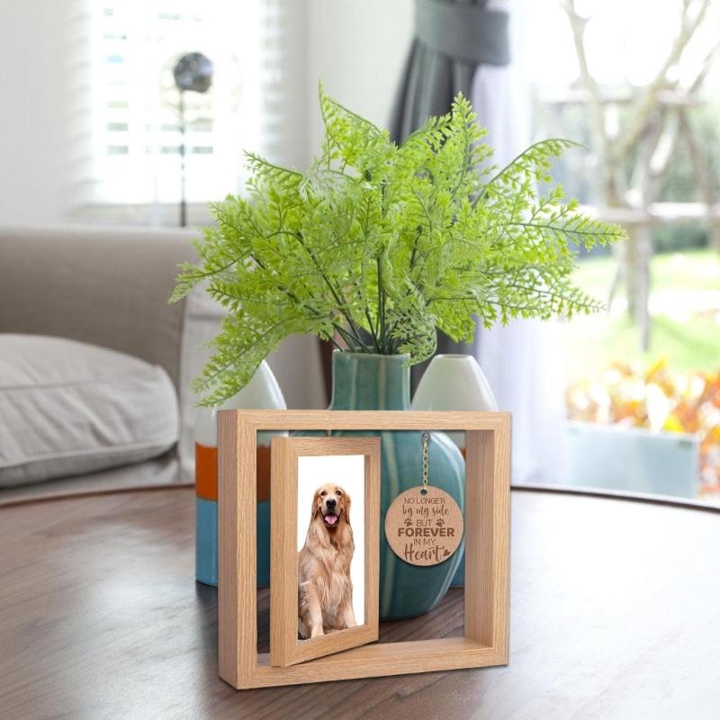 Dog Cats Memorial Photo Holder Paws Print Wooden Rotating Picture Frame for 4x6Inch Photo Display Pet Loss Sympathy Gift