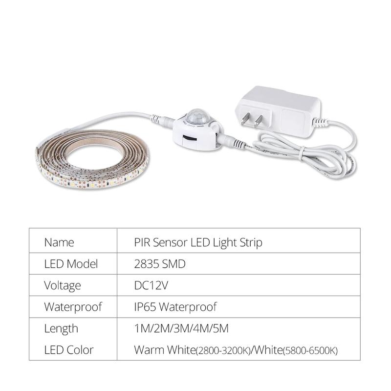 Motion Sensor Under Cabinet Lights Cupboard Kitchen Bed Emergency Night Light Flexible LED Strip DC 12V US EU Power Adapter