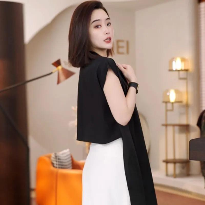 Light Luxury Style Design Color Block V-neck Shirt for Women Summer Thin Elegant Unique Unique Beautiful Top Trend