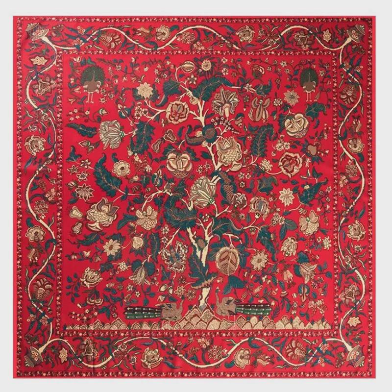 "New European and American Jungle Floral Bird Print 130cm Silk Twill Satin Square Scarf Shawl"