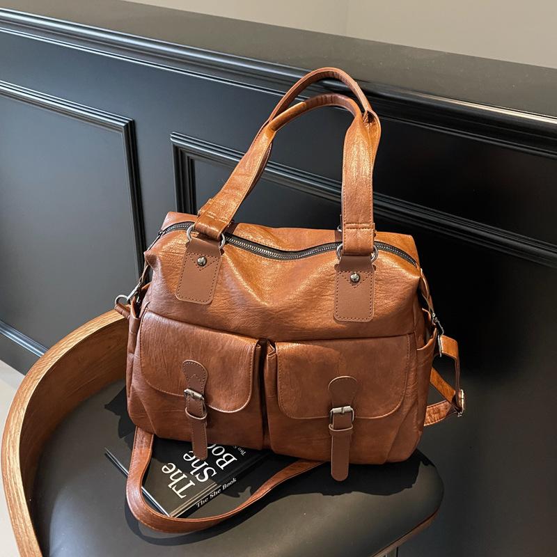 Vintage tote bag women's large-capacity multi-pocket shoulder bag women's commuting soft leather oblique straddle handheld women's bag