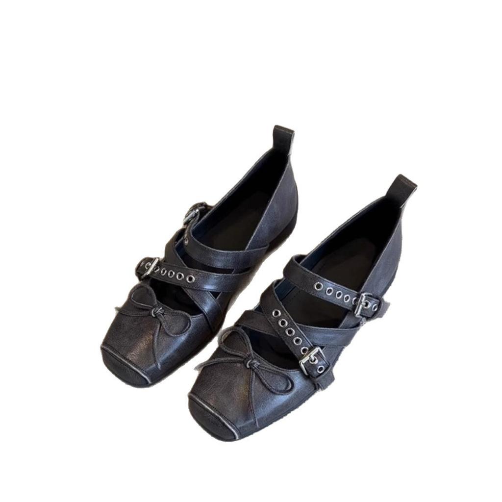 Super Soft Leather Bow Square Head Shallow Mouth Ballet Single Shoes Women's 2025 Summer French Retro Cross Buckle Belt Mary Jane Shoes