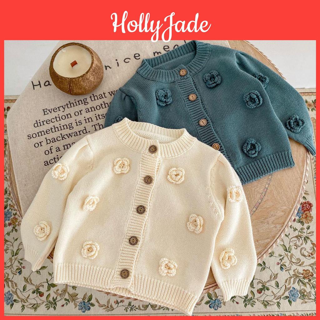 Infant 03 And Autumn Toddler Year Old Girl Handmade Flower Knitted Cotton Coat Round Neck Sweater Cardigan