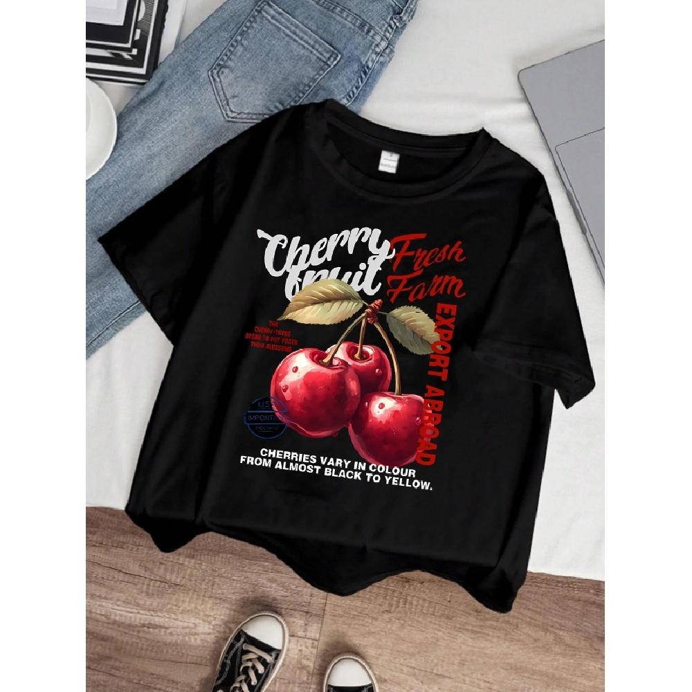 

Art letters and cherry pattern round neck plus size women T-shirt short sleeve trend printing elastic half sleeve T-shirt S