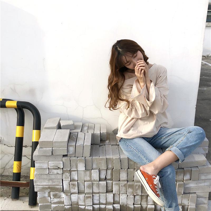 One-shoulder Loose Long-sleeved T-shirt for Women's New Korean Women's Loose Shoulder Top Casual Base Shirt Sweatshirt for Women