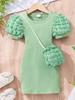 Kids' Lightweight Bubble Dress: Short Sleeve, Round Neck, Solid Color with Bubble Pockets